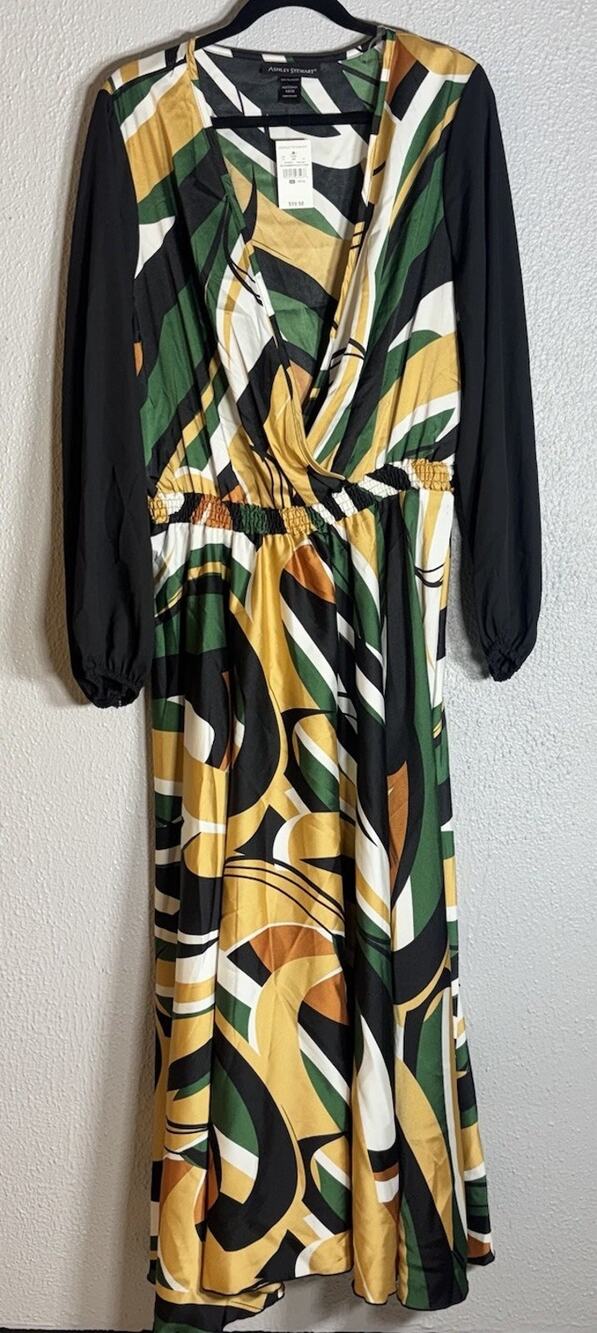 Ashley Stewart Women's Plus 14/16 Geometric V-Neck Long Sleeve Midi Dress